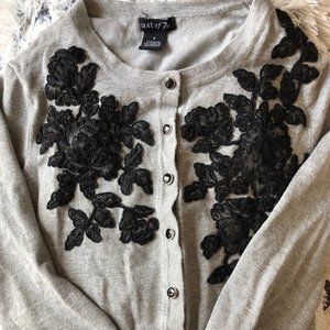 Grey Cardigan with Black floral applique